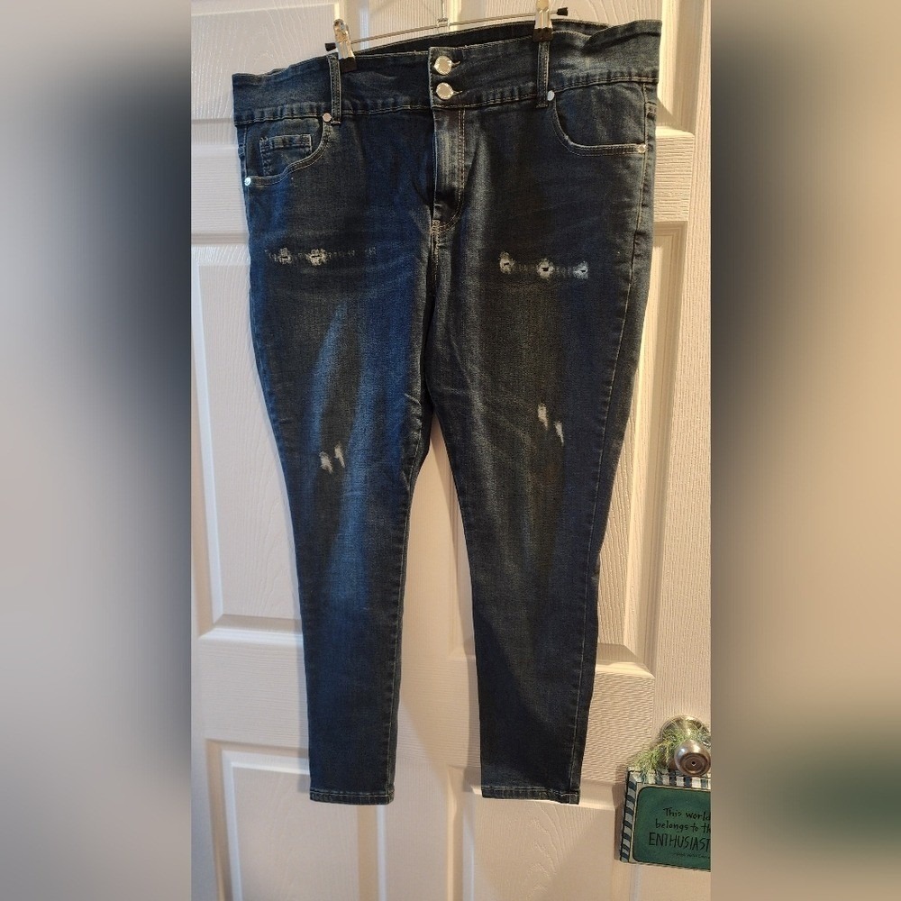 Chic Denim Ashe High Rise Ankle Grazer Jeans Blue Distressed Skinny Size 18